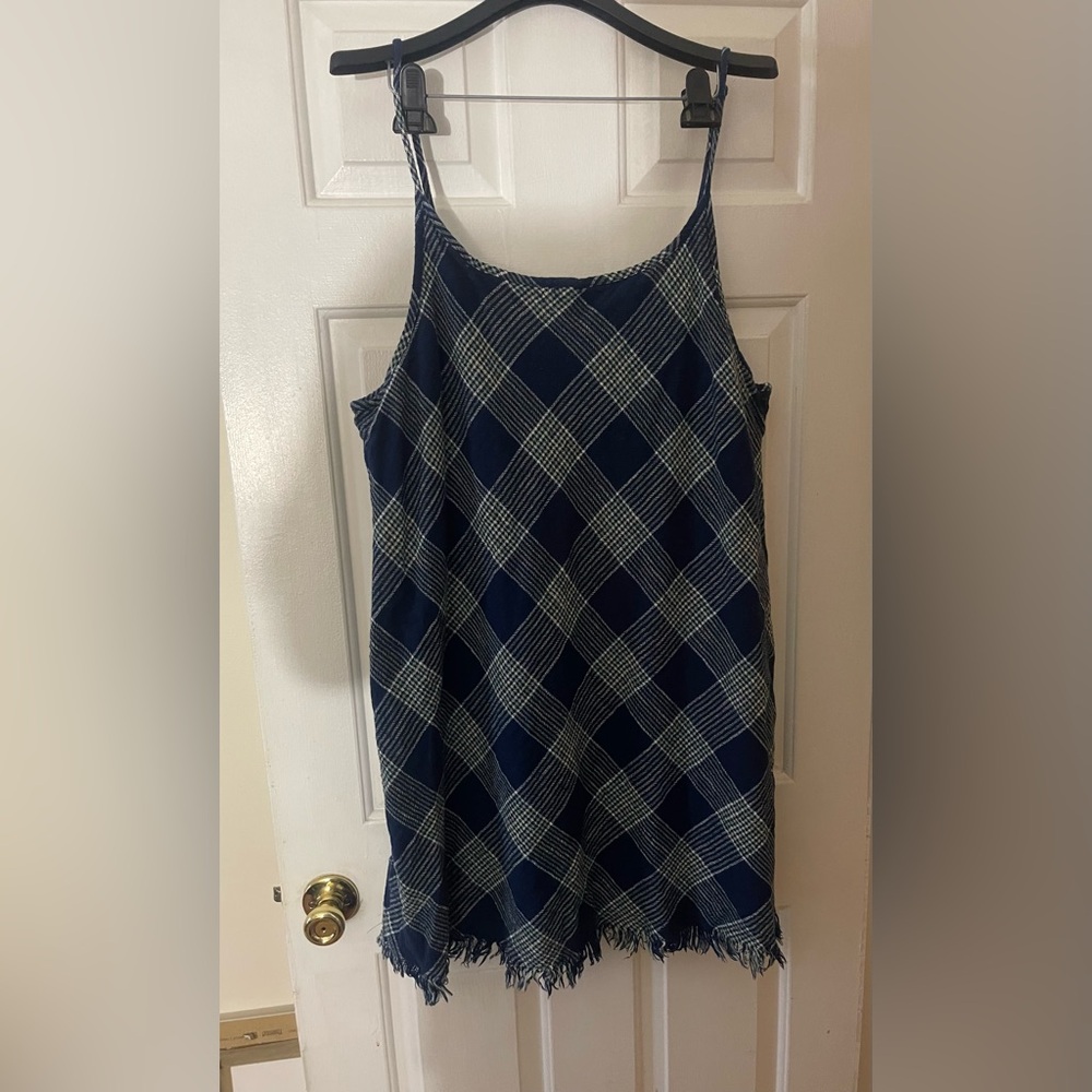 Womens XL Natural Reflections Blue Plaid Fringe Hem Dress Preowned *CUTE
